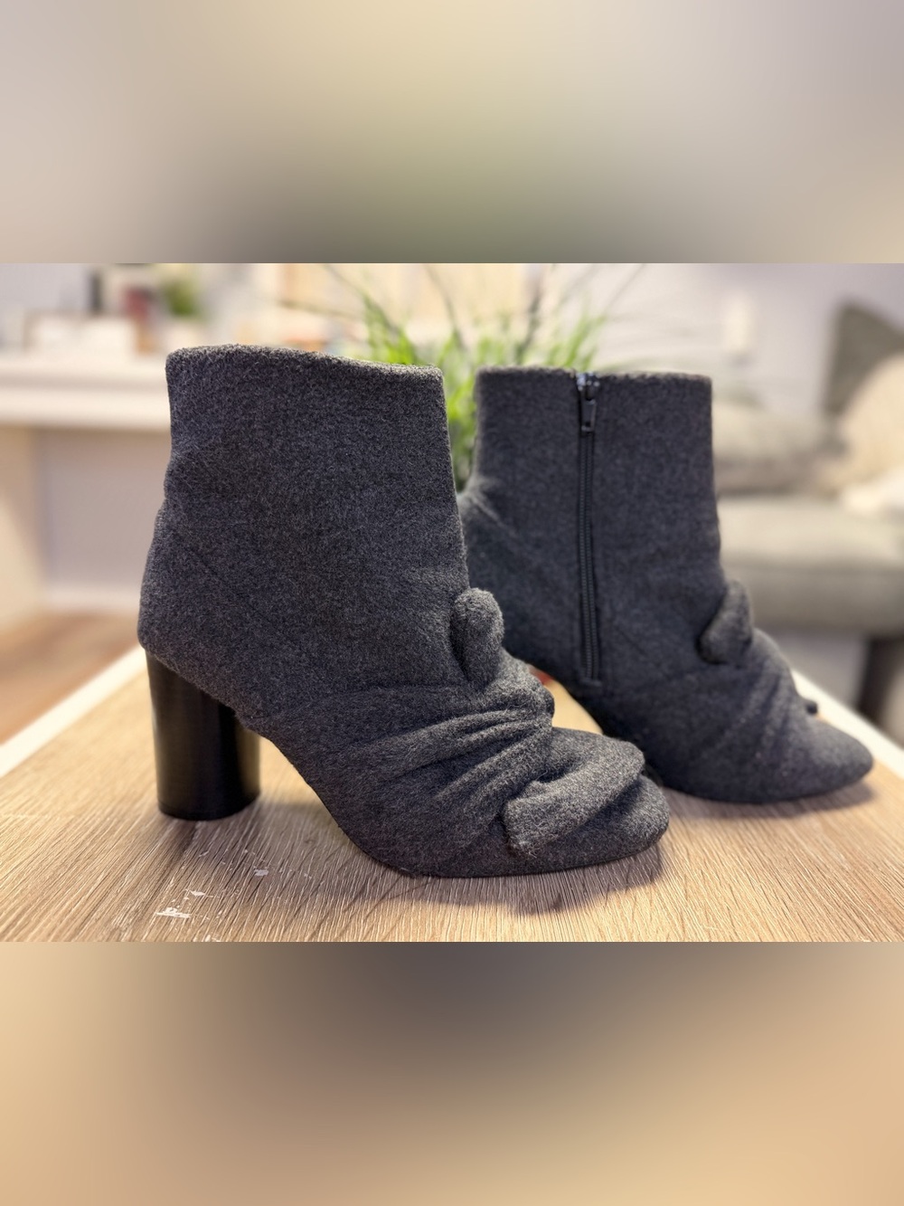 Zara Grey Felt Wool Blend Bow Heeled Ankle Boots Size 38 /7.5